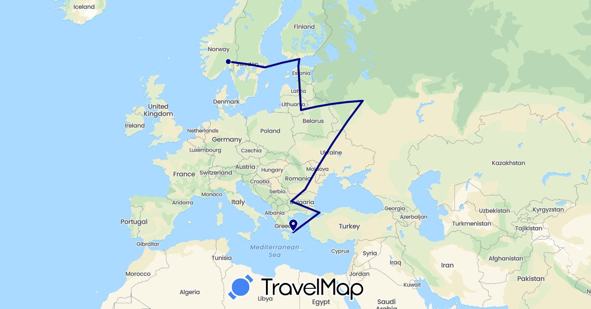 TravelMap itinerary: driving in Bulgaria, Estonia, Finland, Greece, Lithuania, Norway, Romania, Russia, Sweden, Turkey (Asia, Europe)